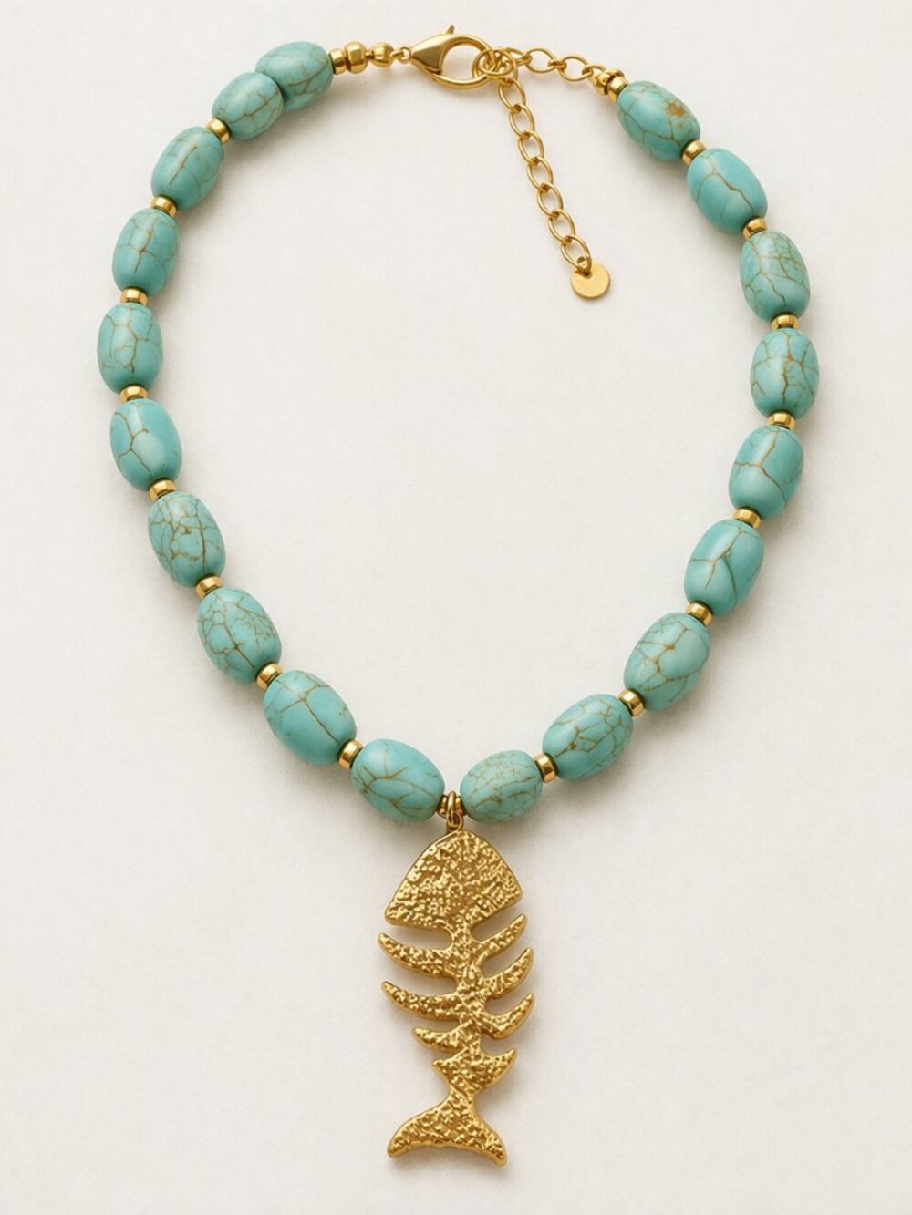 Turquoise Beaded Fishbone Pendant Necklace Gold Charm